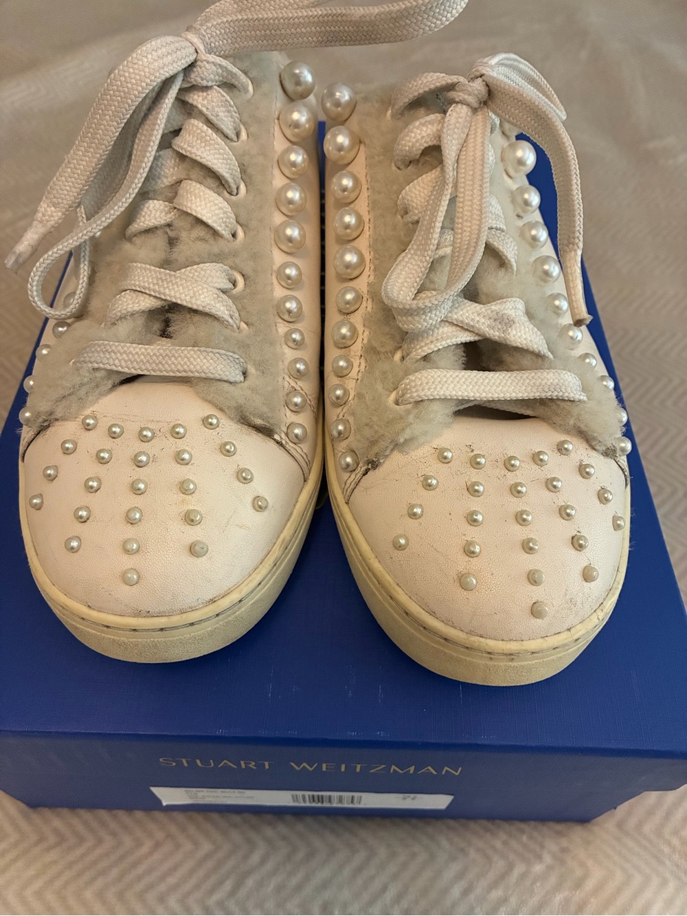 Stuart Weitzman White Pearl-Embellished Leather Mule Sneaker with Shearling